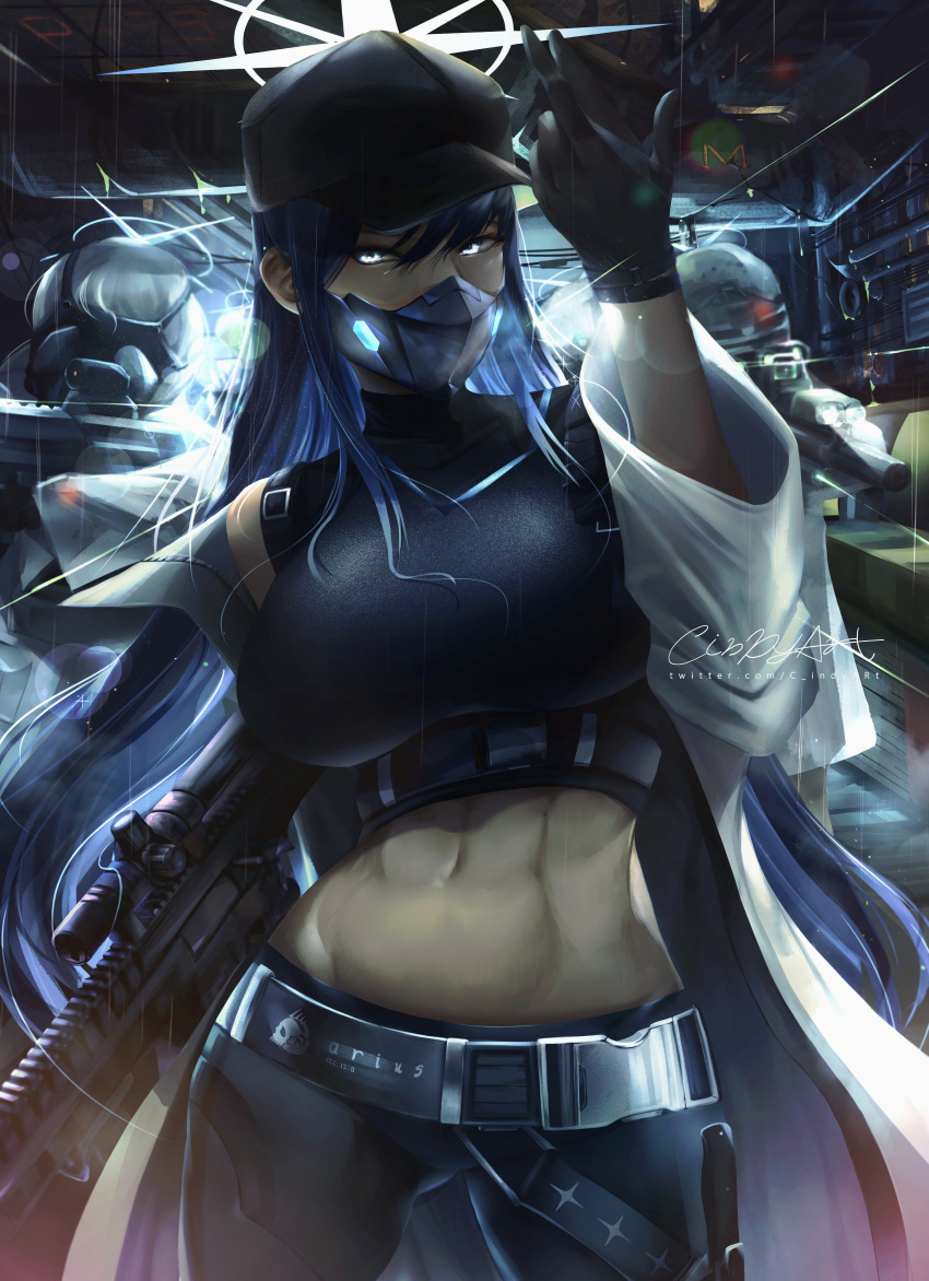 1girl absurdres assault_rifle bangs baseball_cap belt black_belt black_gloves black_hair black_headwear black_mask black_pants black_shirt blue_archive blue_eyes breasts cindy_(cindyart) coat cowboy_shot crop_top gloves gun halo hat highres large_breasts long_hair looking_at_viewer mask midriff mouth_mask navel pants rifle saori_(blue_archive) shirt sig_516 sleeveless sleeveless_shirt snap-fit_buckle solo toned weapon white_coat