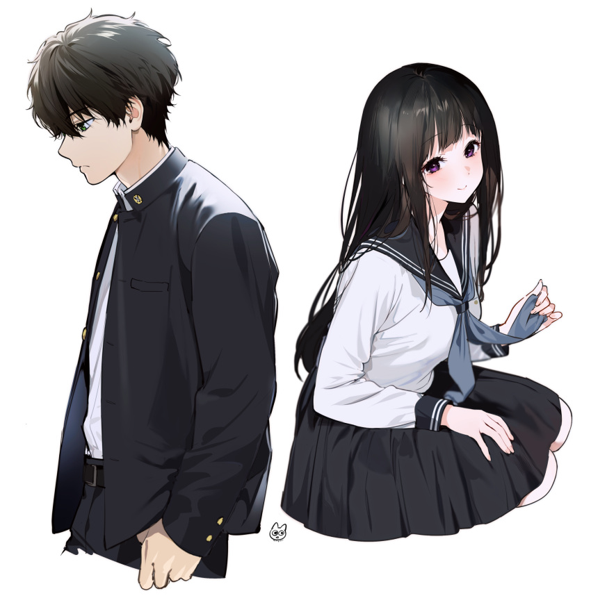 1boy 1girl artist_logo bangs black_hair blush breasts brown_hair chitanda_eru cropped_legs from_side green_eyes highres hyouka kamiyama_high_school_uniform_(hyouka) long_hair mery_(yangmalgage) open_mouth oreki_houtarou school_uniform serafuku shiny shiny_hair short_hair simple_background skirt smile violet_eyes white_background