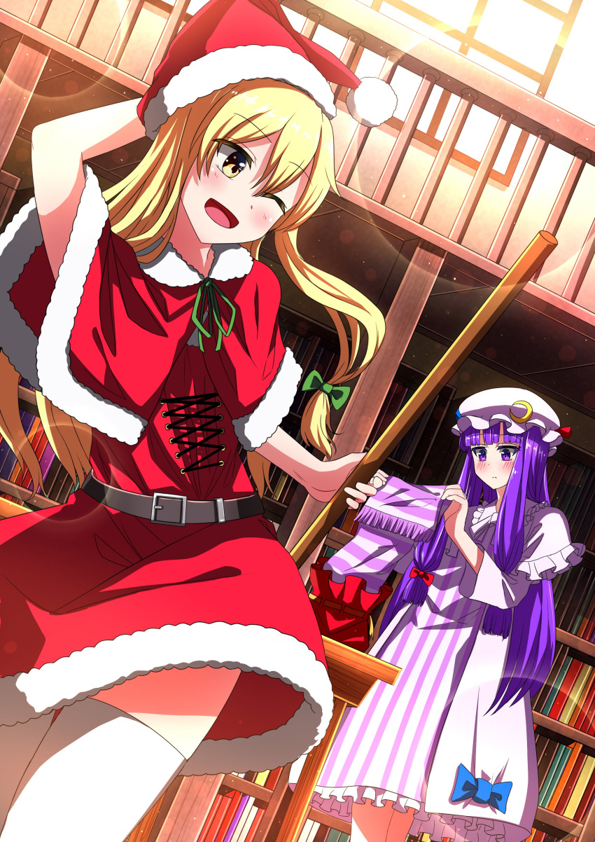 2girls :d absurdres bangs belt blonde_hair bookshelf closed_mouth crescent_print dress hat highres indoors kirisame_marisa long_hair looking_at_viewer mob_cap multiple_girls one_eye_closed open_mouth outdoors patchouli_knowledge purple_hair red_dress red_headwear santa_costume santa_hat sazanami_mio_(style) scarf shimotsuki_aoi sidelocks smile striped striped_dress striped_scarf thigh-highs touhou violet_eyes white_headwear white_thighhighs