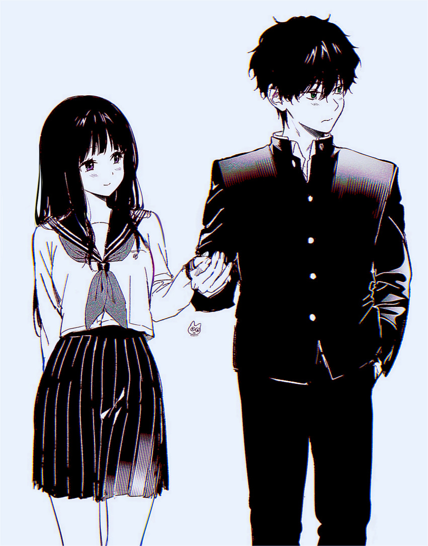 1boy 1girl bangs black_hair black_jacket breasts chitanda_eru gakuran greyscale hair_between_eyes highres holding_hands hyouka jacket kamiyama_high_school_uniform_(hyouka) long_hair long_sleeves looking_at_another looking_to_the_side mery_(yangmalgage) monochrome neckerchief open_collar oreki_houtarou pleated_skirt sailor_collar school_uniform serafuku shirt short_hair simple_background skirt smile white_serafuku white_shirt