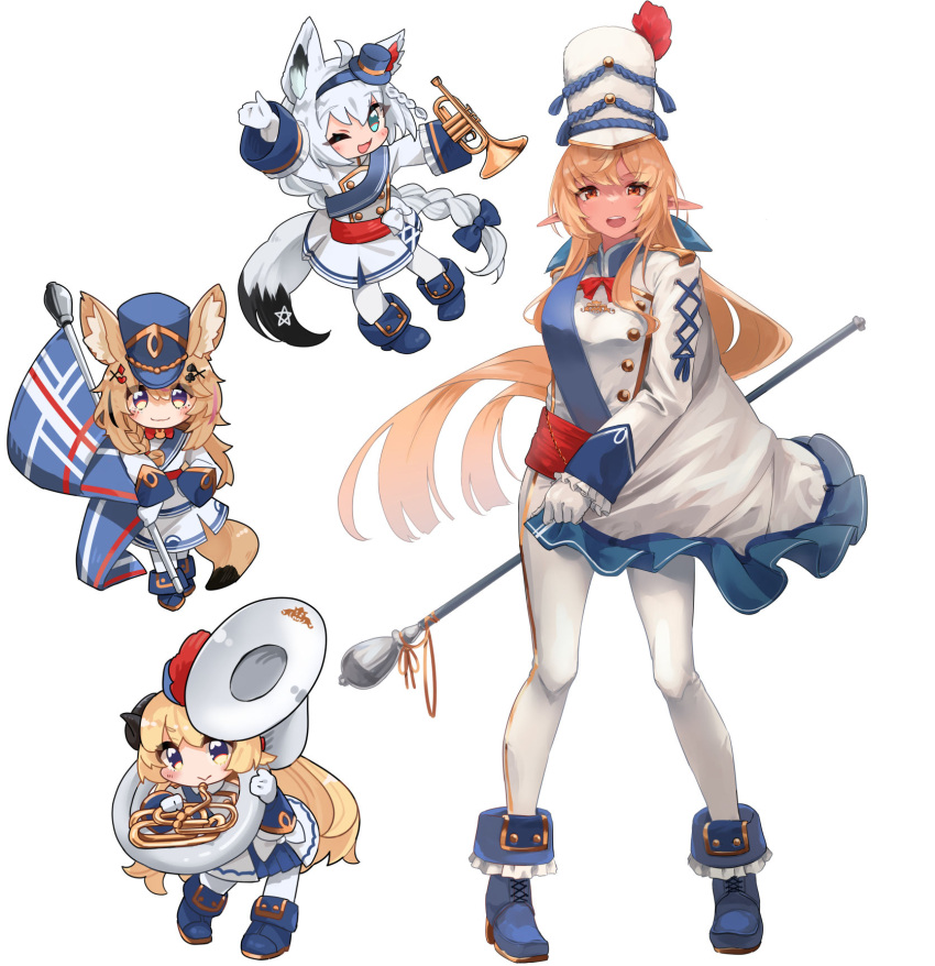 4girls ahoge animal_ear_fluff animal_ears bangs blonde_hair blue_eyes blue_footwear braid chibi commentary_request earrings flag fox_ears fox_girl fox_tail gloves green_eyes hair_between_eyes highres holding holding_flag hololive horn_(instrument) horns instrument jewelry long_hair looking_at_viewer mochiyuki_(gigfor1) multiple_girls omaru_polka pants pentagram pointy_ears red_eyes sheep_girl sheep_horns shirakami_fubuki shiranui_flare sidelocks simple_background single_braid tail trumpet tsunomaki_watame violet_eyes virtual_youtuber white_background white_gloves white_hair white_pants