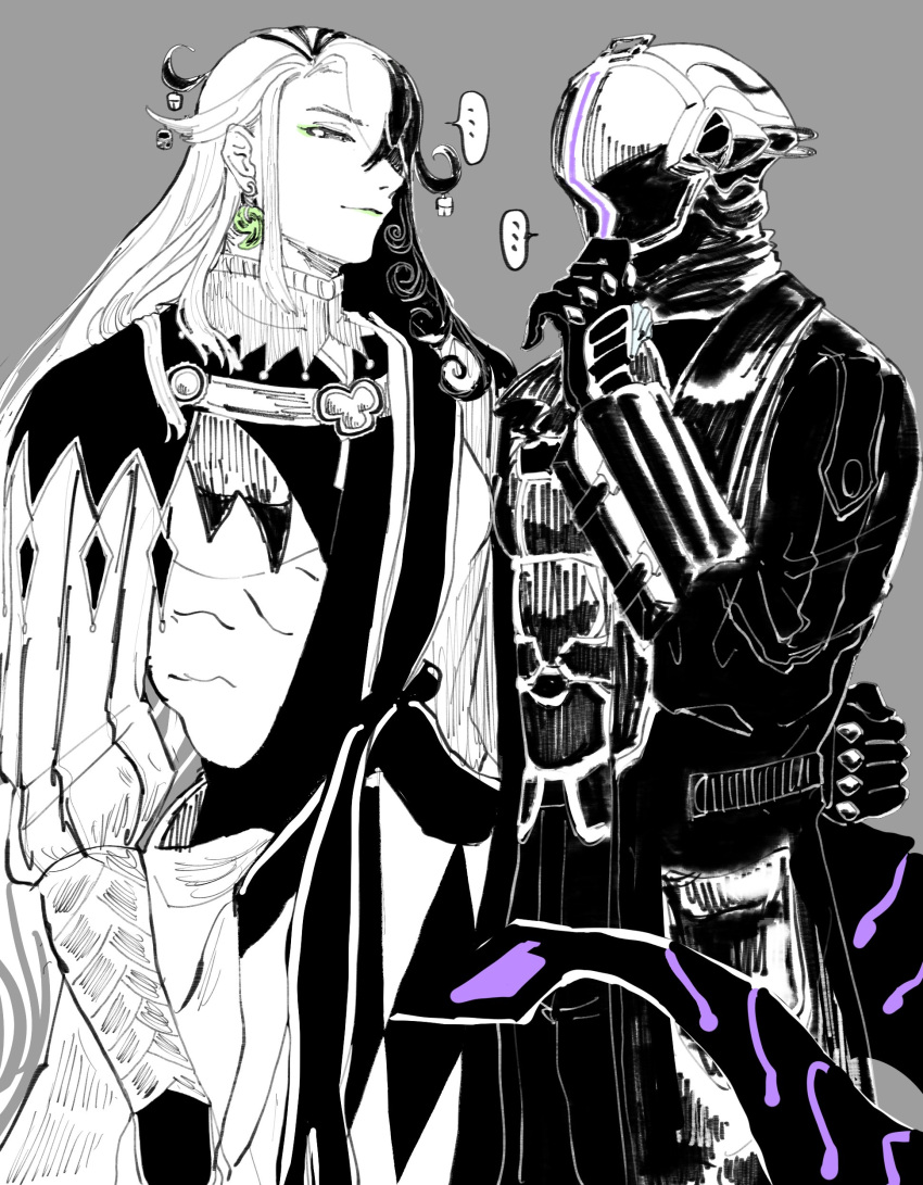 ... 2boys absurdres ashiya_douman_(fate) asymmetrical_hair black_coat black_gloves black_suit bondrewd coat crossover curly_hair earrings eyeshadow fate/grand_order fate_(series) formal gloves green_eyeshadow green_lips hair_between_eyes hair_intakes helm helmet highres jewelry long_hair long_sleeves made_in_abyss magatama magatama_earrings makeup male_focus multicolored_hair multiple_boys onmyouji overcoat pectorals simple_background split-color_hair spot_color standing staring suit tokoni_fusu very_long_hair