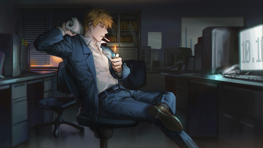 1boy blonde_hair blue_jacket blue_pants bookshelf chair cherrypepsi1048 cigarette collared_shirt desk formal full_body highres holding holding_lighter indoors jacket lighter lighting_cigarette long_sleeves looking_ahead male_focus mob_psycho_100 monitor office office_chair on_chair open_mouth pants partially_unbuttoned reigen_arataka shirt shoes short_hair sitting solo suit