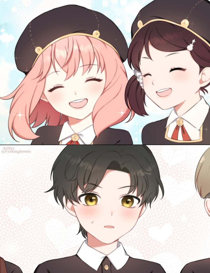 2girls 3boys anya_(spy_x_family) becky_blackbell black_hair brown_hair closed_eyes damian_desmond fyirkingdomsis hat highres multiple_boys multiple_girls open_mouth pink_hair ribbon school_uniform smile spy_x_family twintails yellow_eyes