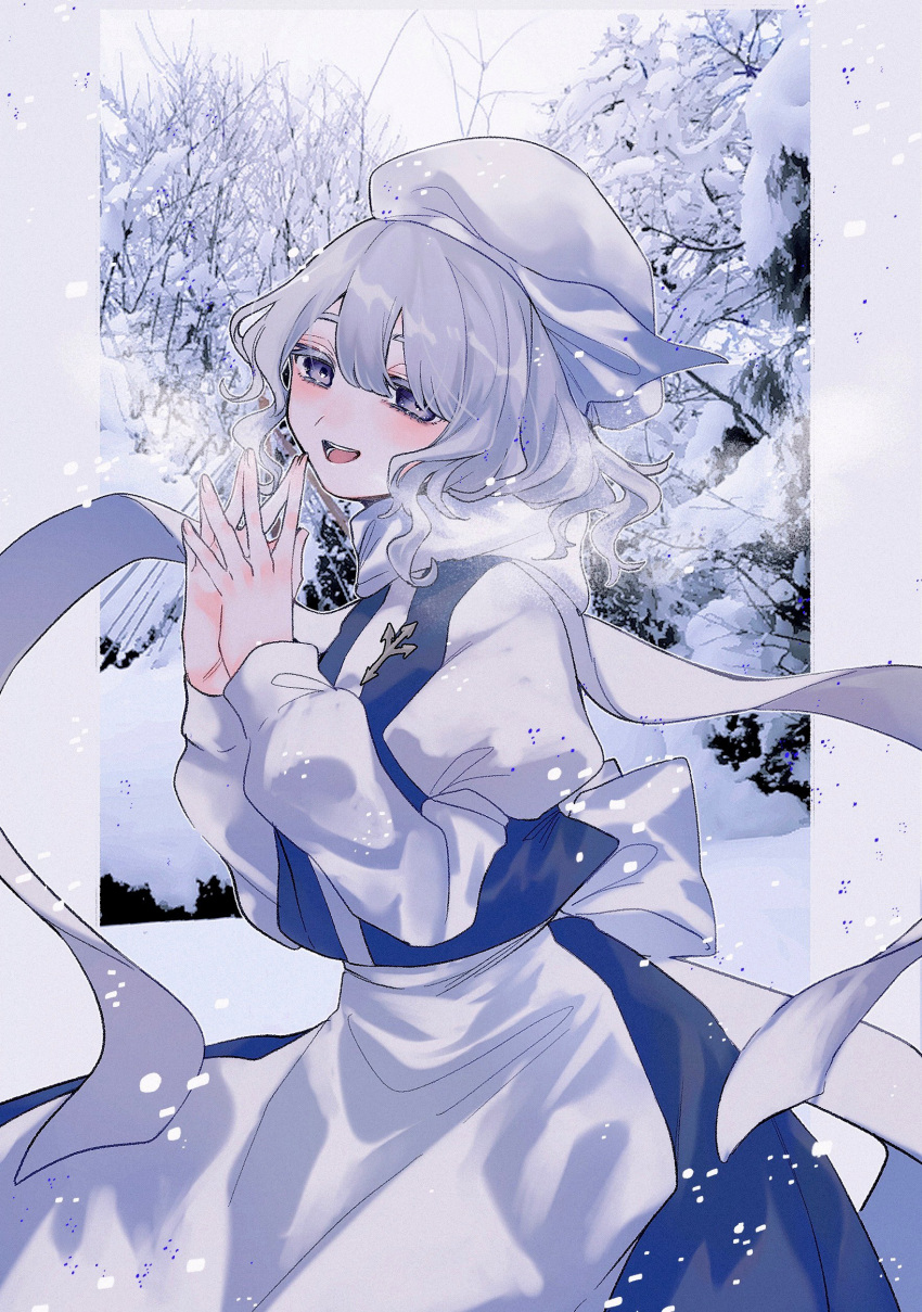 1girl :d absurdres apron back_bow blue_skirt blue_vest blush bow commentary cowboy_shot grey_eyes grey_hair hands_up hat highres juliet_sleeves katai_(nekoneko0720) lapel_pin letty_whiterock long_sleeves medium_hair open_mouth puffy_sleeves scarf shirt skirt smile snow solo steepled_fingers teeth tongue touhou tree vest waist_apron white_apron white_bow white_headwear white_scarf white_shirt