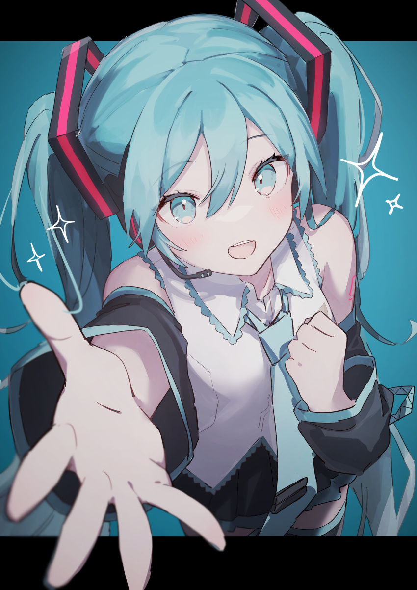 1girl absurdres aqua_background aqua_eyes aqua_hair aqua_necktie bare_shoulders black_skirt blush breasts clenched_hand commentary_request cowboy_shot detached_sleeves frilled_shirt_collar frills hair_between_eyes hand_on_own_chest hand_up hatsune_miku headset highres letterboxed long_hair looking_at_viewer necktie open_hand open_mouth reaching_towards_viewer shiratakiseaice shirt simple_background skirt small_breasts smile solo teeth twintails upper_teeth_only very_long_hair vocaloid white_shirt