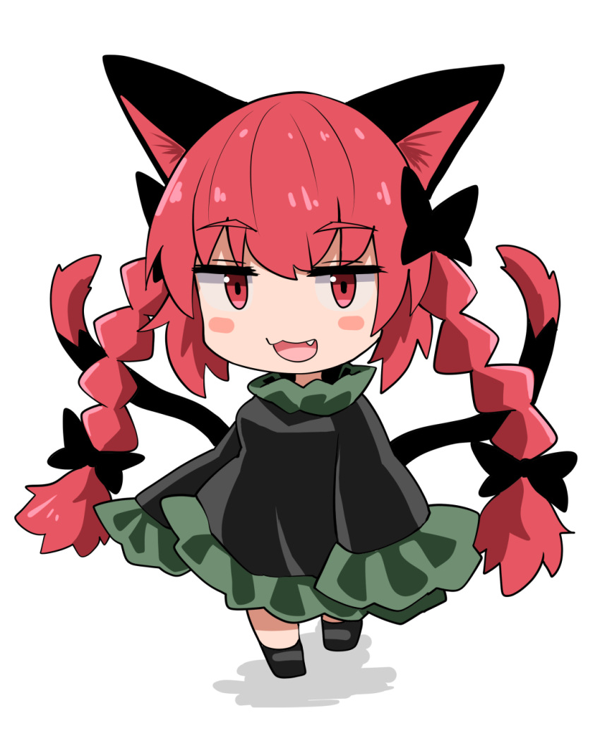 1girl :3 :d animal_ears black_bow black_dress black_footwear bow braid cat_ears cat_girl cat_tail chibi chups dress fang full_body hair_bow highres kaenbyou_rin long_hair long_sleeves looking_at_viewer multiple_tails nekomata open_mouth redhead side_braids simple_background smile solo tail touhou twin_braids two_tails white_background