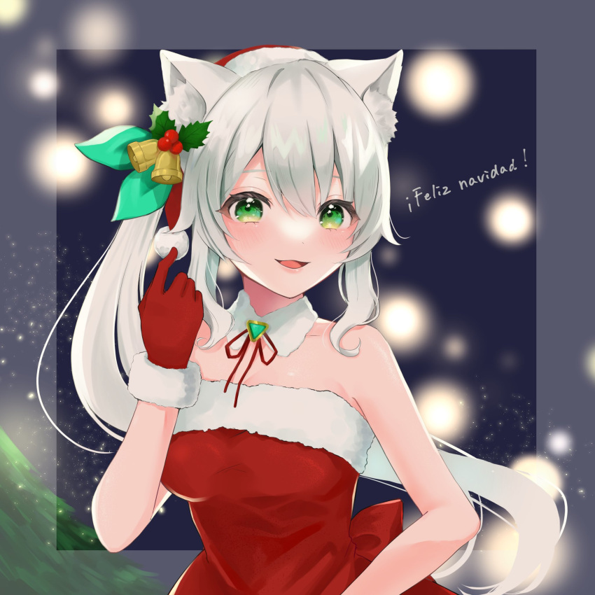 1girl animal_ear_fluff animal_ears bangs bare_arms bare_shoulders bell blurry blush bokeh border bow cat_ears christmas collar commentary_request depth_of_field detached_collar dress fur-trimmed_dress fur-trimmed_gloves fur-trimmed_headwear fur_trim gabogabo gloves green_bow green_eyes hair_bell hair_between_eyes hair_bow hair_ornament hand_up hat highres hizuki_miu light_particles long_hair looking_at_viewer merry_christmas mistletoe_hair_ornament neck_ribbon open_mouth outside_border red_dress red_gloves red_headwear red_ribbon ribbon santa_costume santa_dress santa_gloves santa_hat side_ponytail sidelocks sleeveless sleeveless_dress smile spanish_text strapless strapless_dress translated transparent_border triangle triangle_brooch very_long_hair virtual_youtuber wactor_production white_collar white_hair