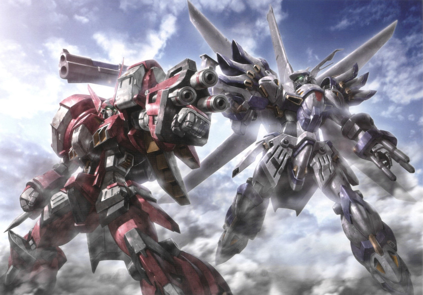 alteisen arm_cannon clenched_hand clouds cloudy_sky flying gun highres holding holding_weapon mecha morishita_naochika no_humans non-web_source official_art pile_bunker rifle robot science_fiction sky smoke super_robot_wars super_robot_wars_impact super_robot_wars_original_generation weapon weissritter