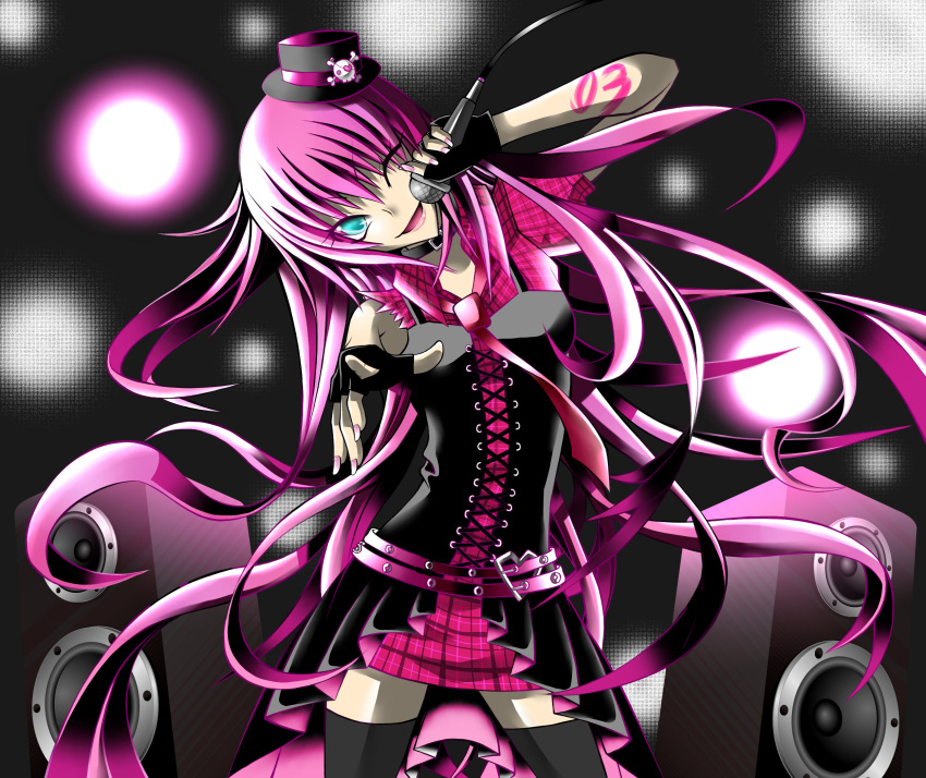 1girl alternate_costume aqua_eyes bangs blue_eyes boots commentary_request hat headset highres knee_boots long_hair long_skirt luka_luka_night_fever_(vocaloid) megurine_luka microphone music navel one_eye_closed photoshop_(medium) pink_hair pointing pointing_at_viewer roxy696 samfree_("night"_songs) singing skirt smile solo spotlight thigh-highs vocaloid