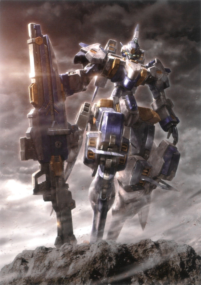 bellzelute clouds cloudy_sky glowing glowing_eyes gun highres holding holding_weapon lens_flare looking_at_viewer looking_down mecha morishita_naochika no_humans non-web_source official_art on_ground rifle robot science_fiction sky smoke super_robot_wars super_robot_wars_judgement super_robot_wars_original_generation weapon