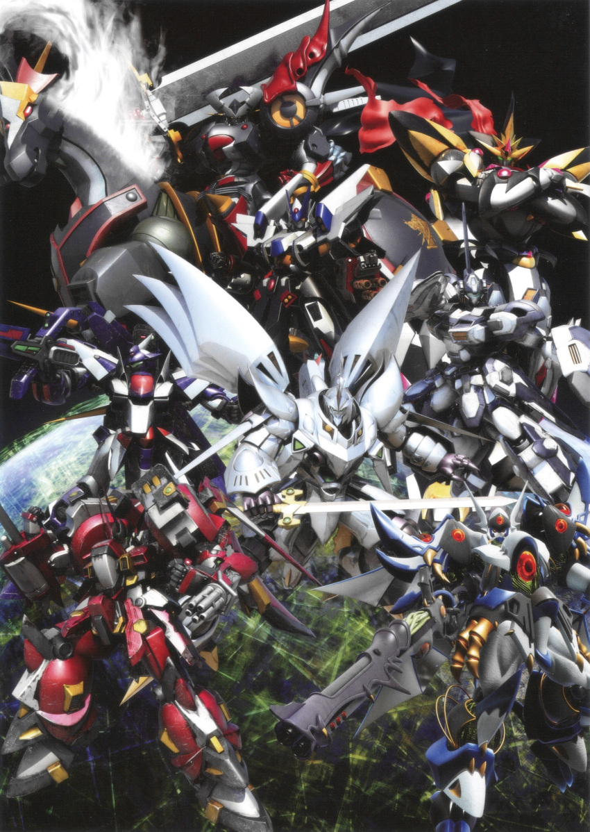 absurdres aile_chevalier_(mecha) artist_request aussenseiter cerberus_(mecha) cover cybuster dygenguar earth_(planet) flickerei_geist highres mecha no_humans non-web_source official_art over_shoulder planet raioh rein_weissritter robot science_fiction space super_robot_wars super_robot_wars_original_generation sword sword_over_shoulder the_2nd_super_robot_wars_og video_game_cover weapon weapon_over_shoulder