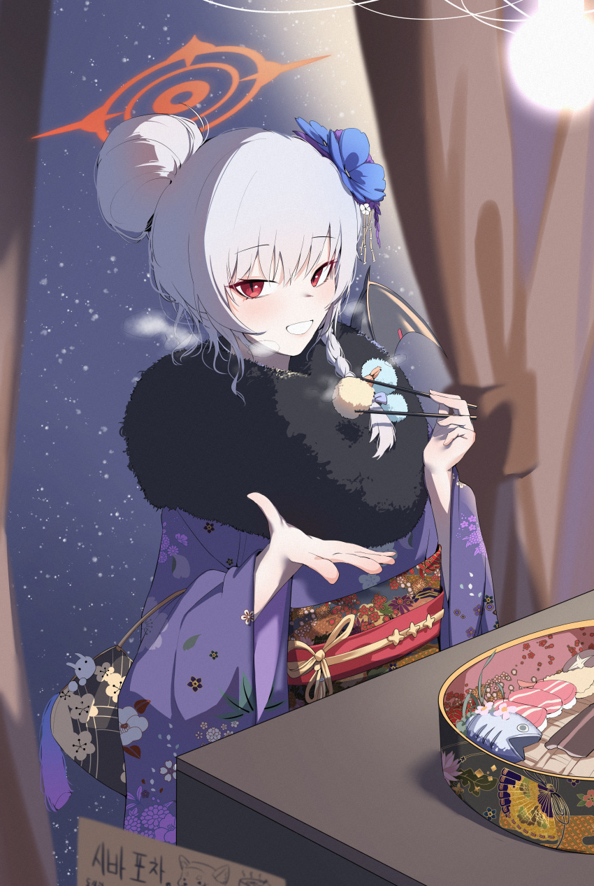 1girl absurdres bag black_wings blue_archive chopsticks fish floral_print flower food fur_collar grin hair_bun hair_flower hair_ornament halo haruna_(blue_archive) haruna_(new_year)_(blue_archive) highres holding holding_chopsticks japanese_clothes kimono long_sleeves looking_at_viewer obi plentyofempty purple_kimono red_eyes sash shrimp shrimp_tempura single_hair_bun single_wing smile snowing solo sushi tempura wide_sleeves wings