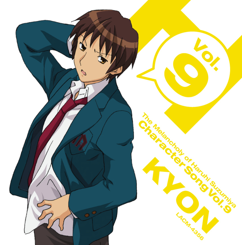 1boy album_cover brown_eyes brown_hair character_single cover h highres ikeda_shouko kita_high_school_uniform kyon necktie official_art red_necktie school_uniform solo suzumiya_haruhi_no_yuuutsu white_background winter_uniform