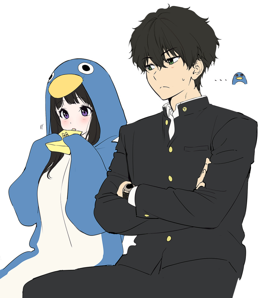 ... 1boy 1girl animal_costume artist_logo bangs black_hair blush brown_hair buttons chitanda_eru cosplay gakuran green_eyes highres hyouka invisible_chair kigurumi long_hair long_sleeves mery_(yangmalgage) open_mouth oreki_houtarou penguin_costume school_uniform short_hair sitting watch watch