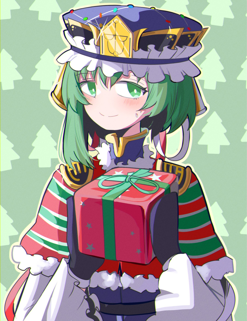 1girl asymmetrical_hair black_gloves blue_headwear blush box closed_mouth english_commentary epaulettes frilled_hat frills fur_trim gift gift_box gloves green_background green_eyes green_hair hat highres holding holding_gift long_sleeves looking_at_viewer shiki_eiki short_hair smile solo spam_(spamham4506) striped_capelet sweat touhou upper_body