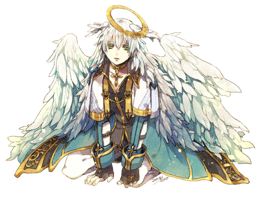 1boy arch_bishop_(ragnarok_online) bangs black_gloves black_shirt blue_coat capelet choker coat commentary_request cross cross_choker dated expressionless feathered_wings fingerless_gloves full_body gloves gold_trim green_eyes hair_between_eyes halo kneeling long_hair long_sleeves looking_at_viewer male_focus messy_hair official_alternate_costume open_clothes open_coat open_mouth pants ragnarok_online shirt simple_background solo tokio_(okt0w0) white_background white_capelet white_hair white_pants white_wings wings