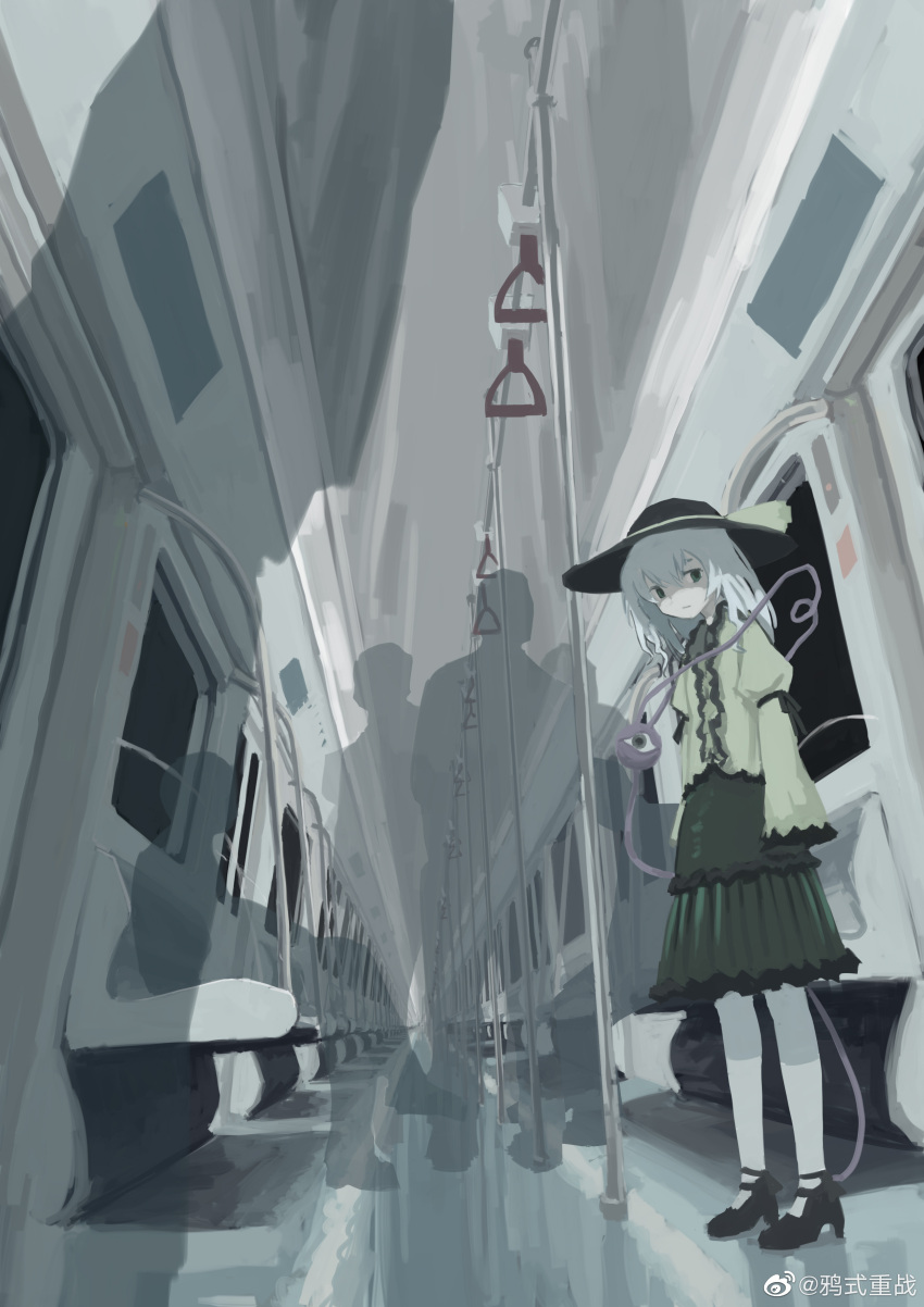 1girl :/ absurdres black_footwear black_headwear black_ribbon blouse closed_mouth commentary frilled_skirt frills german_commentary green_eyes green_skirt hair_between_eyes hat hat_ribbon high_heels highres komeiji_koishi light_green_hair long_hair long_sleeves looking_at_viewer puffy_sleeves ribbon shirt silhouette skirt sleeves_past_fingers sleeves_past_wrists solo standing third_eye touhou train_interior weibo_logo weibo_username window xii_yashizhongzhan yellow_ribbon yellow_shirt