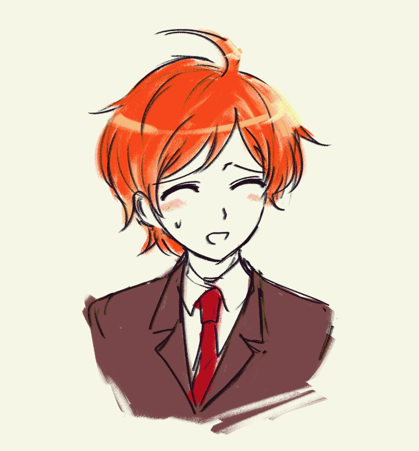 1boy ahoge atoymk brown_jacket closed_eyes collared_shirt commentary_request highres jacket korean_commentary maeda_yuki male_focus necktie nervous_smile open_mouth orange_hair portrait red_necktie shirt short_hair simple_background sketch smile solo super_danganronpa_another_2 sweat white_shirt yellow_background