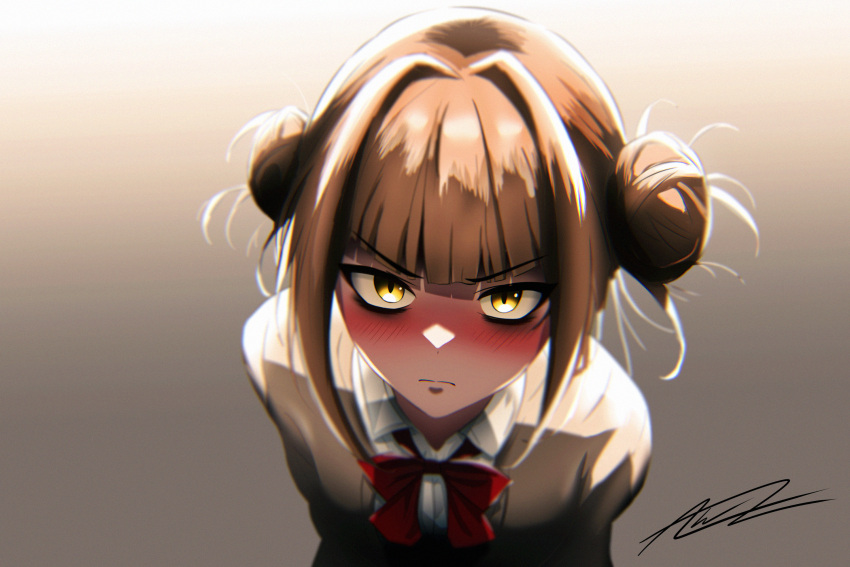 1girl awz_(a-w-z) bags_under_eyes bangs black_eyeliner blonde_hair blunt_bangs blush boku_no_hero_academia brown_sweater closed_mouth collared_shirt commentary commentary_request double_bun english_commentary eyeliner from_above glaring gradient gradient_background hair_bun hair_intakes highres looking_at_viewer loose_neck_ribbon makeup messy_hair neck_ribbon red_ribbon ribbon school_uniform shiny shiny_hair shirt sidelocks signature sleeveless sleeveless_sweater slit_pupils solo sweater toga_himiko uniform white_shirt yellow_eyes