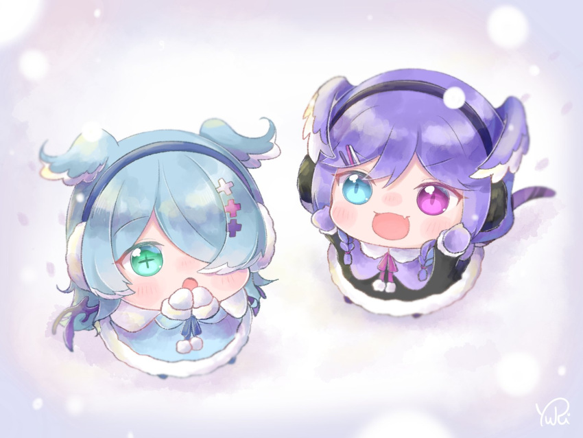 2girls :d :o arms_up bangs blue_eyes blue_hair blush braid commentary covering_mouth dragon_girl earmuffs elira_pendora from_above hair_ornament hair_over_one_eye hairclip head_wings heterochromia highres lazulight long_hair long_sleeves looking_up medium_hair mittens multicolored_hair multiple_girls nijisanji nijisanji_en obsydia_(nijisanji) one_eye_covered open_mouth outdoors purple_hair selen_tatsuki siblings sisters smile snow snowing twin_braids violet_eyes white_hair winter_clothes x_hair_ornament yuri_x315