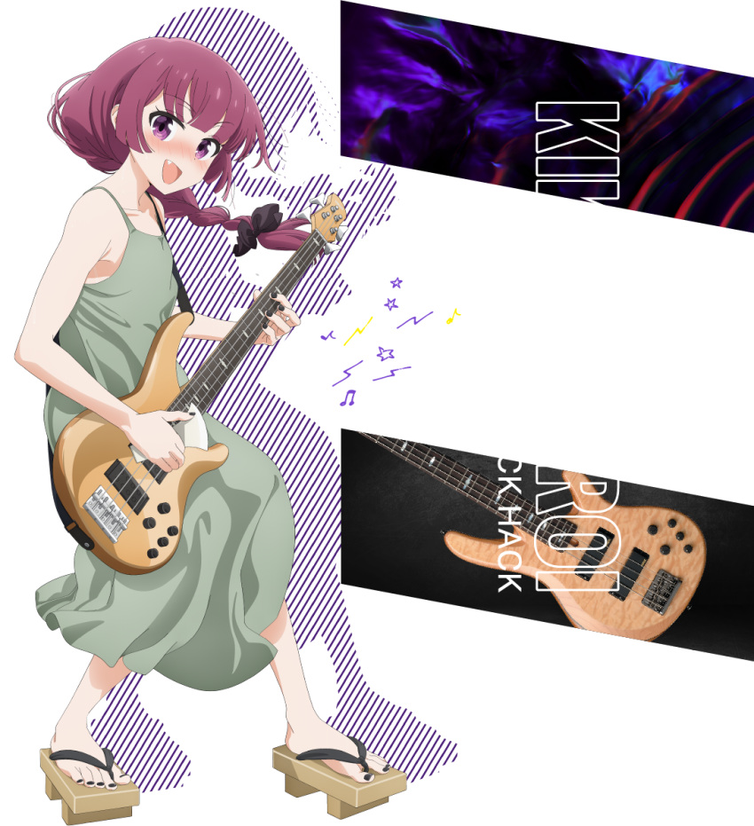 1girl bangs bass_guitar black_bow black_nails blunt_bangs bocchi_the_rock! bow braid commentary_request dress fang geta green_dress hair_bow hair_over_shoulder instrument long_hair medium_dress music official_art playing_instrument purple_hair ringed_eyes single_braid solo toubun14 transparent_background violet_eyes yamaha