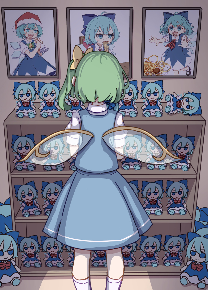 1girl absurdres blue_skirt blue_vest character_doll cirno daiyousei fairy fairy_wings from_behind fumo_(doll) green_hair highres kame_(kamepan44231) kneehighs long_hair one-hour_drawing_challenge picture_(object) shirt short_sleeves side_ponytail skirt socks solo touhou vest white_shirt white_socks wings