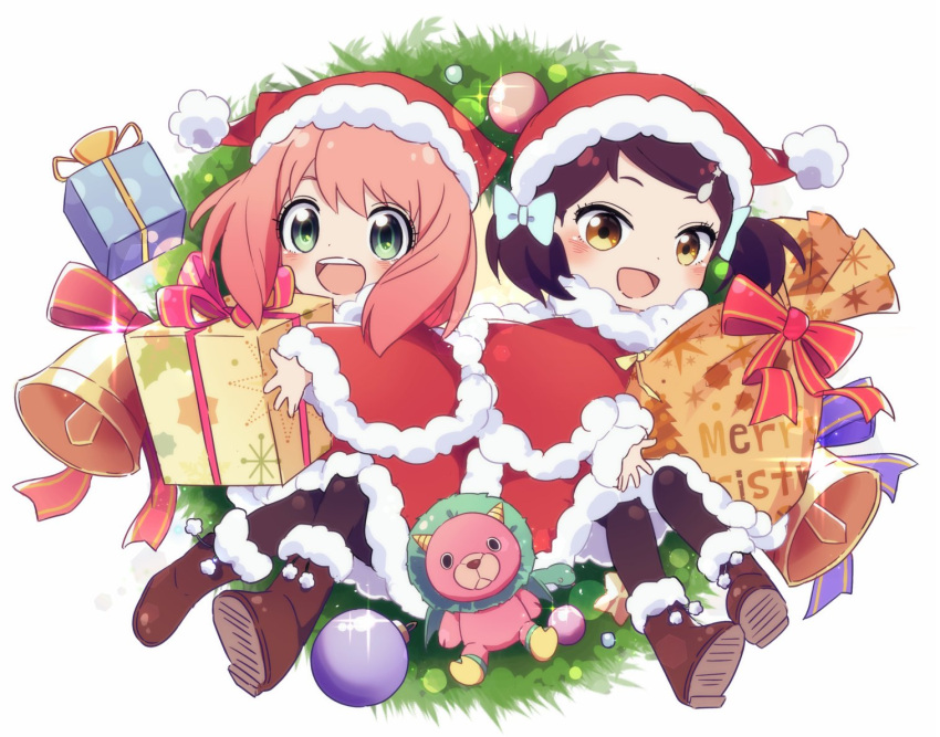 2girls :d anya_(spy_x_family) bangs becky_blackbell bell blush boots box brown_eyes brown_footwear capelet commentary_request dmanya eyelashes gift gift_box green_eyes hat holding long_sleeves looking_at_viewer multiple_girls open_mouth pink_hair red_capelet red_headwear ribbon santa_hat smile sparkle spy_x_family teeth upper_teeth_only