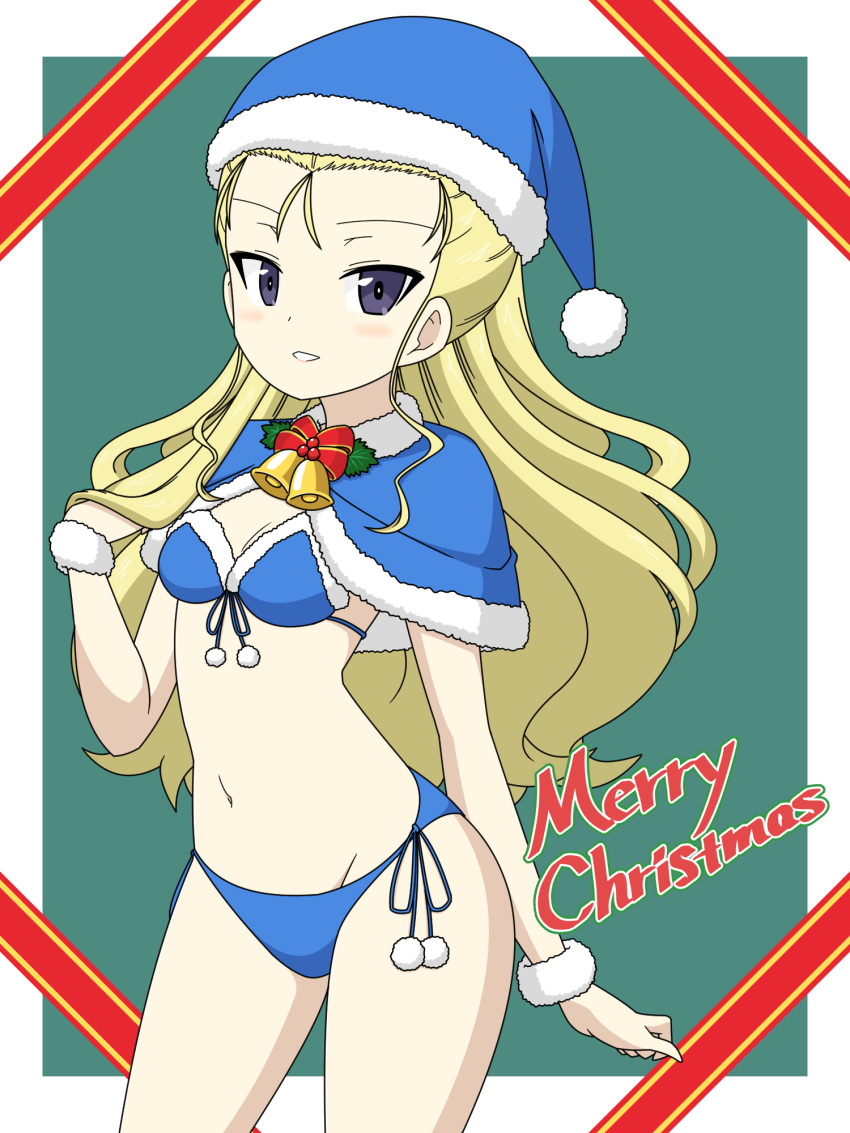 1girl assam_(girls_und_panzer) bell bikini blonde_hair blue_bikini blue_capelet blue_eyes blue_headwear blue_santa_costume breasts capelet christmas commentary cowboy_shot english_text front-tie_bikini_top front-tie_top fur-trimmed_capelet fur_trim girls_und_panzer girls_und_panzer_senshadou_daisakusen! hair_pulled_back hat highres holly ichinose_jun light_blush long_hair looking_at_viewer merry_christmas navel neck_bell official_alternate_costume parted_lips santa_bikini santa_costume santa_hat side-tie_bikini_bottom small_breasts smile solo standing swimsuit