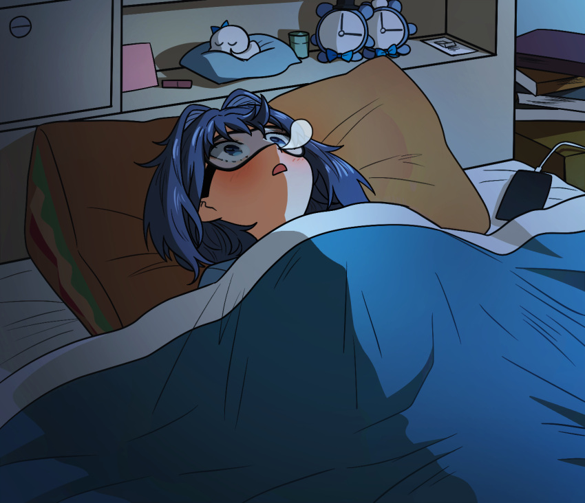1girl blanket blue_hair blush book cellphone charger clock ddolbang eye_mask hair_intakes highres hololive hololive_english indoors night nose_bubble on_bed open_mouth ouro_kronii phone pillow sleeping smartphone solo virtual_youtuber