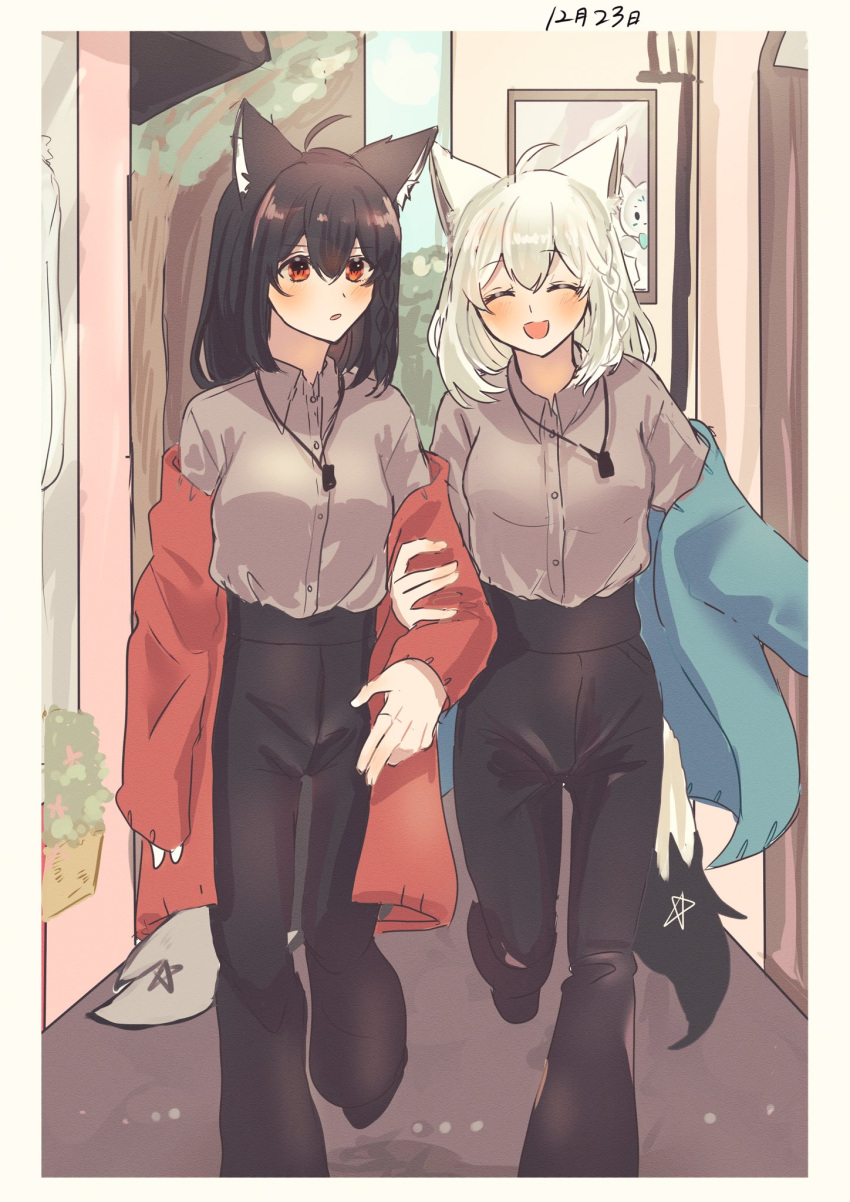 2girls ahoge animal_ear_fluff animal_ears bangs black_hair black_pants blush border braid closed_eyes commentary_request dated fox_ears fox_girl fox_tail green_jacket grey_shirt highres holding_another's_arm hololive horomiya jacket kurokami_fubuki long_hair looking_at_another looking_at_viewer multiple_girls open_clothes open_jacket open_mouth outdoors pants pentagram red_eyes red_jacket shirakami_fubuki shirt sidelocks single_braid sukonbu_(shirakami_fubuki) tail virtual_youtuber white_hair