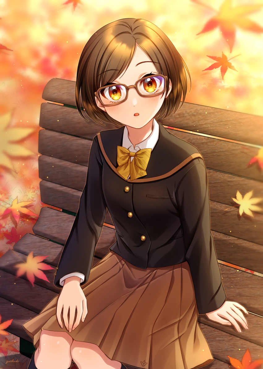 1girl absurdres autumn autumn_leaves bench black_jacket black_sailor_collar blazer blurry blush bow bowtie brown-framed_eyewear brown_eyes brown_hair brown_skirt buttons collared_shirt commentary day depth_of_field from_above hand_on_own_thigh hand_rest highres jacket leaf long_sleeves looking_at_viewer maple_leaf multicolored_eyes on_bench original outdoors parted_lips pleated_skirt sailor_collar school_uniform shirt sitting skirt solo straight-on user_zham2745 white_shirt wooden_bench yellow_bow yellow_bowtie yellow_eyes