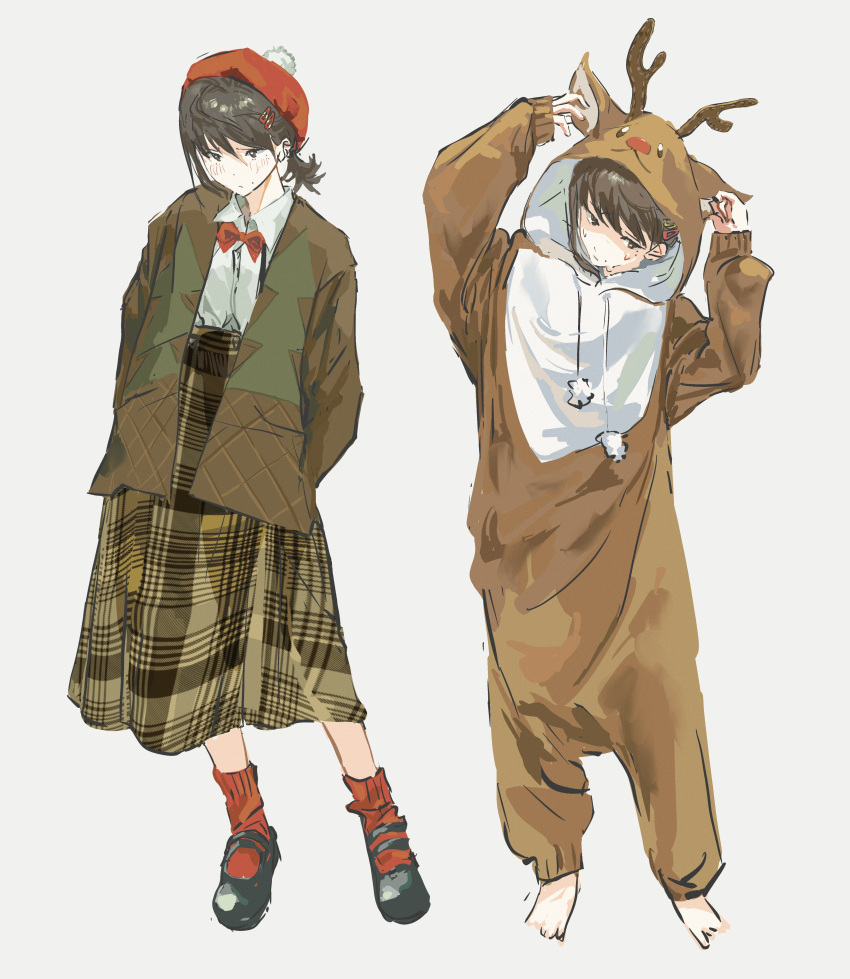 1girl absurdres animal_costume antlers arms_up bangs barefoot bow bowtie brown_hair brown_jacket chainsaw_man collared_shirt hair_ornament hairclip hat higashiyama_kobeni highres jacket looking_to_the_side nenem_(kimnenemmm_art) onesie plaid plaid_skirt red_bow red_bowtie red_socks reindeer_costume sandals shirt shirt_tucked_in short_hair short_ponytail simple_background single_sidelock skirt socks standing swept_bangs tam_o'_shanter white_background white_shirt