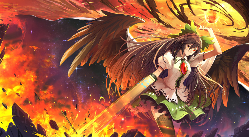 1girl :/ album_cover arm_cannon arm_up bird_wings black_thighhighs bow brown_hair brown_wings cape cibo_(killy) closed_mouth collared_shirt commentary control_rod cover cowboy_shot feathered_wings fire frilled_shirt_collar frilled_skirt frills green_bow green_skirt hair_between_eyes hair_bow highres long_hair looking_at_viewer puffy_short_sleeves puffy_sleeves red_eyes reiuji_utsuho rock shirt short_sleeves single_thighhigh skirt sleeve_cuffs solo starry_sky_print sun thigh-highs third_eye touhou two-sided_cape two-sided_fabric very_long_hair weapon white_cape white_shirt wings