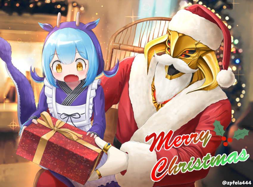 1boy 1girl apron blue_hair christmas_present christmas_tree commentary_request dragon_girl dragon_horns dragon_tail duel_monster eldlich_the_golden_lord extra_eyes fake_beard fake_facial_hair fang fireplace fur_trim gift givelee hat highres horns jewelry laundry_dragonmaid maid maid_apron maid_headdress merry_christmas multicolored_hair purple_hair ring santa_costume santa_hat sparkle tail twitter_username two-tone_hair yellow_eyes yu-gi-oh! yu-gi-oh!_duel_monsters yu-gi-oh!_master_duel