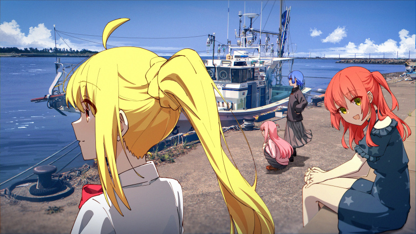 4girls :d absurdres ahoge bangs black_shirt blonde_hair blue_dress blue_eyes blue_hair blunt_ends boat bocchi_the_rock! bow bowtie choker collared_shirt day dock dress frilled_choker frilled_dress frills gotou_hitori grey_skirt hair_between_eyes hands_on_hips hands_on_own_knees head_tilt highres ijichi_nijika jacket jl_tan kita_ikuyo loafers long_hair long_skirt long_sleeves looking_at_viewer looking_away medium_hair multiple_girls ocean off-shoulder_dress off_shoulder one_side_up orange_eyes outdoors own_hands_clasped own_hands_together photo_background pink_hair pink_jacket pleated_skirt ponytail red_bow red_bowtie redhead shirt shoes short_hair short_sleeves sitting skirt smile squatting standing star_(symbol) star_print track_jacket watercraft white_shirt wind yamada_ryou yellow_eyes