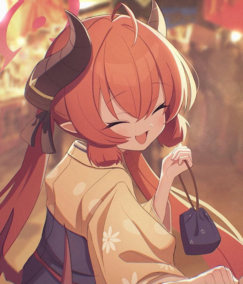 1girl ahoge atat250 bag blue_archive blurry blurry_background blush closed_eyes drawstring_bag facing_viewer fang hakama halo highres holding holding_bag horns japanese_clothes junko_(blue_archive) junko_(new_year)_(blue_archive) kimono kinchaku long_hair long_sleeves looking_back open_mouth outdoors pointy_ears pouch redhead sidelocks skin_fang smile solo twintails upper_body yellow_kimono