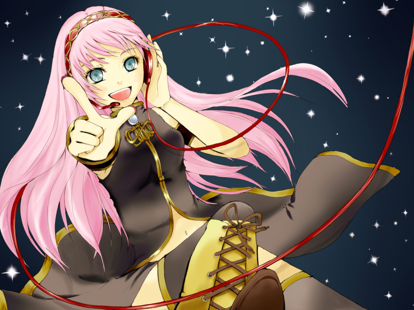 1girl arufa_(th_bluerose) blue_eyes breasts cable commentary_request crop_top highres long_hair looking_at_viewer luka_luka_night_fever_(vocaloid) medium_breasts megurine_luka midriff nail_polish navel pink_hair pink_nails pointing pointing_at_viewer samfree_("night"_songs) smile solo upper_body vocaloid
