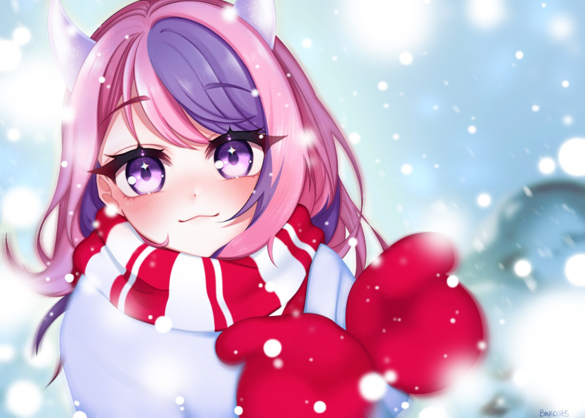 1girl blue_sky blush boyscuits demon_girl demon_horns english_commentary gloves hair_ornament heart heart_hair_ornament highres horns ironmouse jacket long_hair looking_at_viewer multicolored_clothes multicolored_hair multicolored_scarf pink_eyes pink_hair purple_hair red_gloves red_scarf scarf sky snow streaked_hair twintails two-tone_scarf virtual_youtuber vshojo white_jacket white_scarf