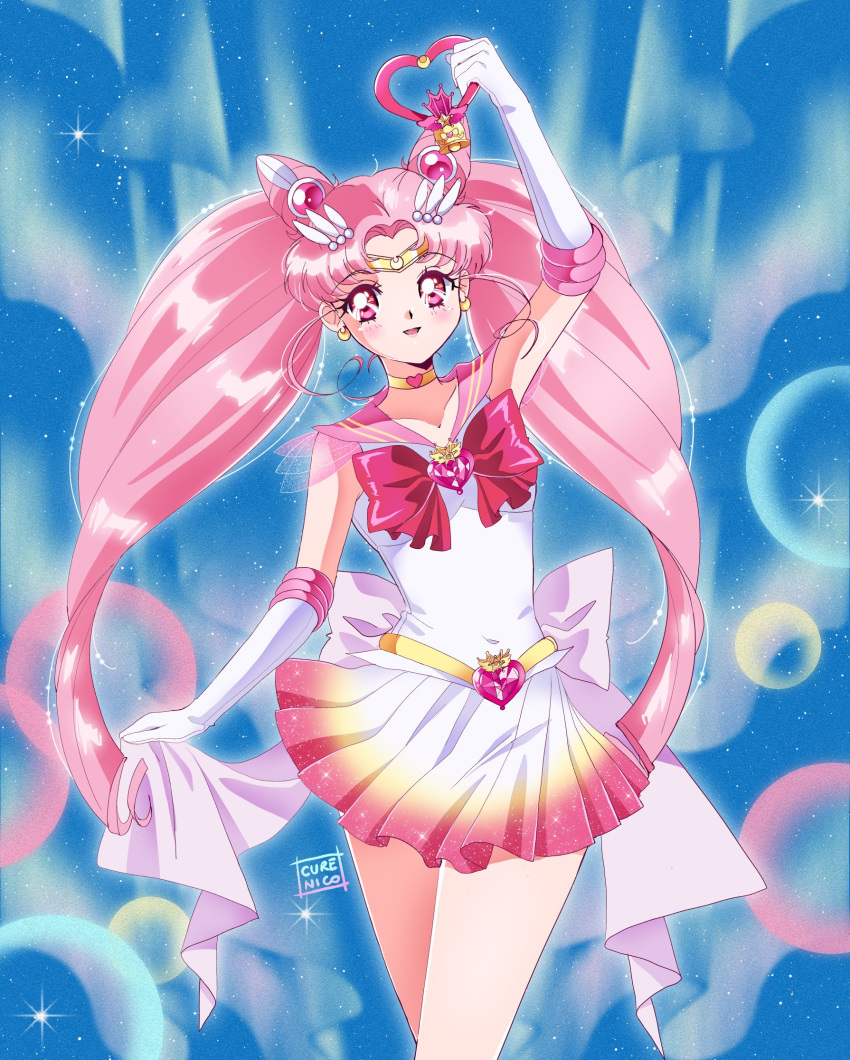 aged_up back_bow bangs bishoujo_senshi_sailor_moon bow bowtie chibi_usa choker circlet cone_hair_bun crescent_choker crystal_carillon cure_nico double_bun elbow_gloves gem gloves hair_bun heart heart_choker highres miniskirt parted_bangs pink_footwear pink_hair pink_sailor_collar pink_skirt pleated_skirt red_bow red_bowtie red_eyes red_gemstone sailor_chibi_moon sailor_collar shirt short_sleeves skirt super_sailor_chibi_moon twintails white_gloves white_shirt