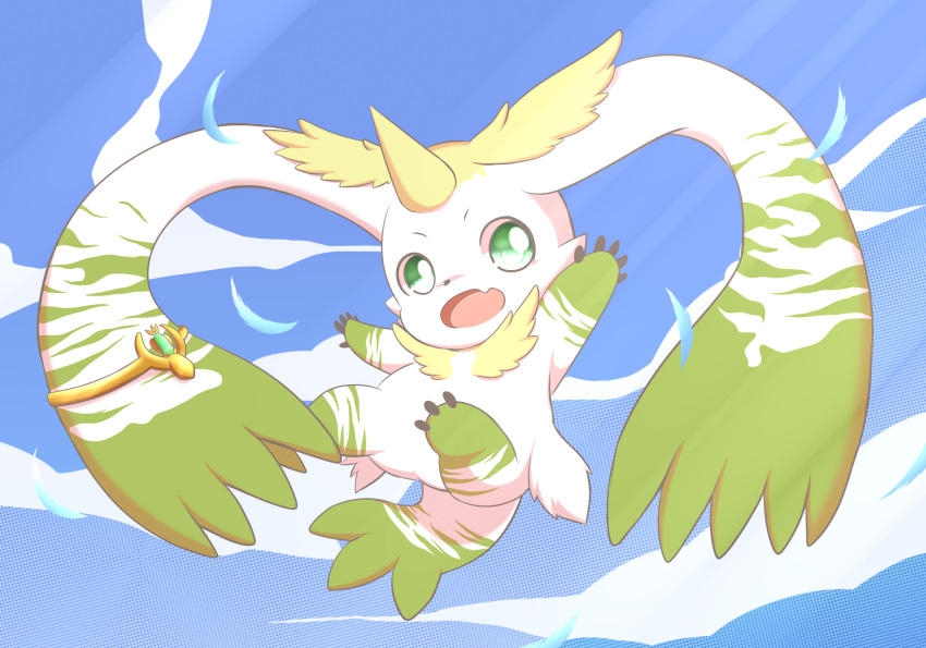 blonde_hair blue_sky clouds commentary_request day digimon digimon_(creature) ear_ornament falling_feathers fang feathers full_body gem green_eyes green_gemstone halftone hands_up highres horns jewelry looking_at_viewer no_humans open_mouth outdoors single_horn skin_fang sky smile solo terriermon_x toruu_(kzpm2483)