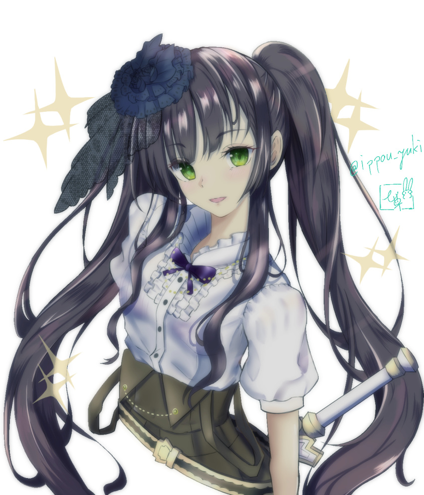 1girl arms_at_sides artist_name assault_lily bangs black_flower black_hair black_rose brown_skirt buttons center_frills collared_shirt commentary_request cropped_torso flower frilled_shirt frilled_shirt_collar frills green_eyes hair_flower hair_ornament high-waist_skirt highres jewelry kamigoori_marimo light_blush long_hair looking_at_viewer nanakusa_yukiusagi neck_ribbon necklace parted_lips purple_ribbon ribbon rose scabbard school_uniform sheath sheathed shirt short_sleeves sidelocks signature simple_background skirt smile solo sparkle suspender_skirt suspenders suspenders_slip sword twintails twitter_username upper_body very_long_hair weapon white_background white_shirt
