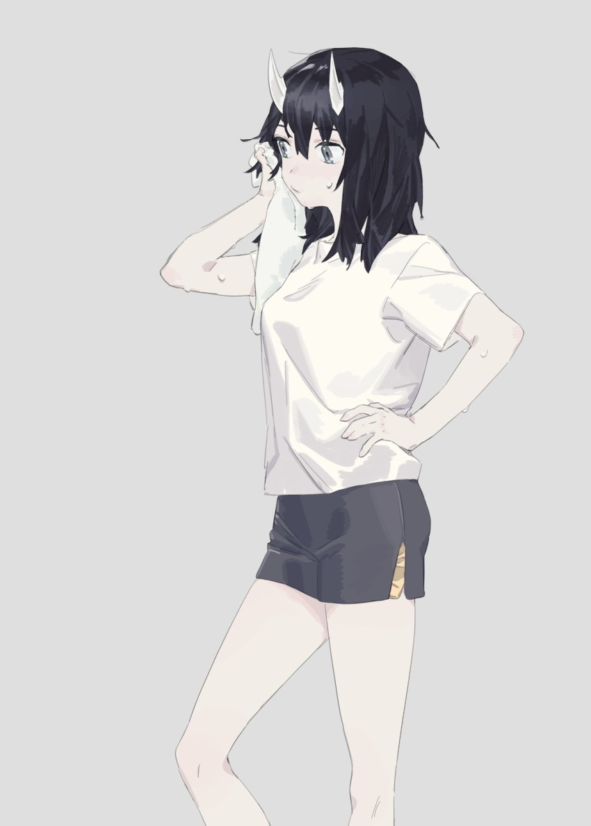 1girl aoki_ruri bangs black_hair black_shorts breasts closed_mouth feet_out_of_frame grey_background grey_eyes hand_on_hip hand_up highres holding holding_towel horns long_hair ruri_dragon shirt short_shorts short_sleeves shorts simple_background small_breasts solo standing sweat taki_xi towel white_shirt wiping_face