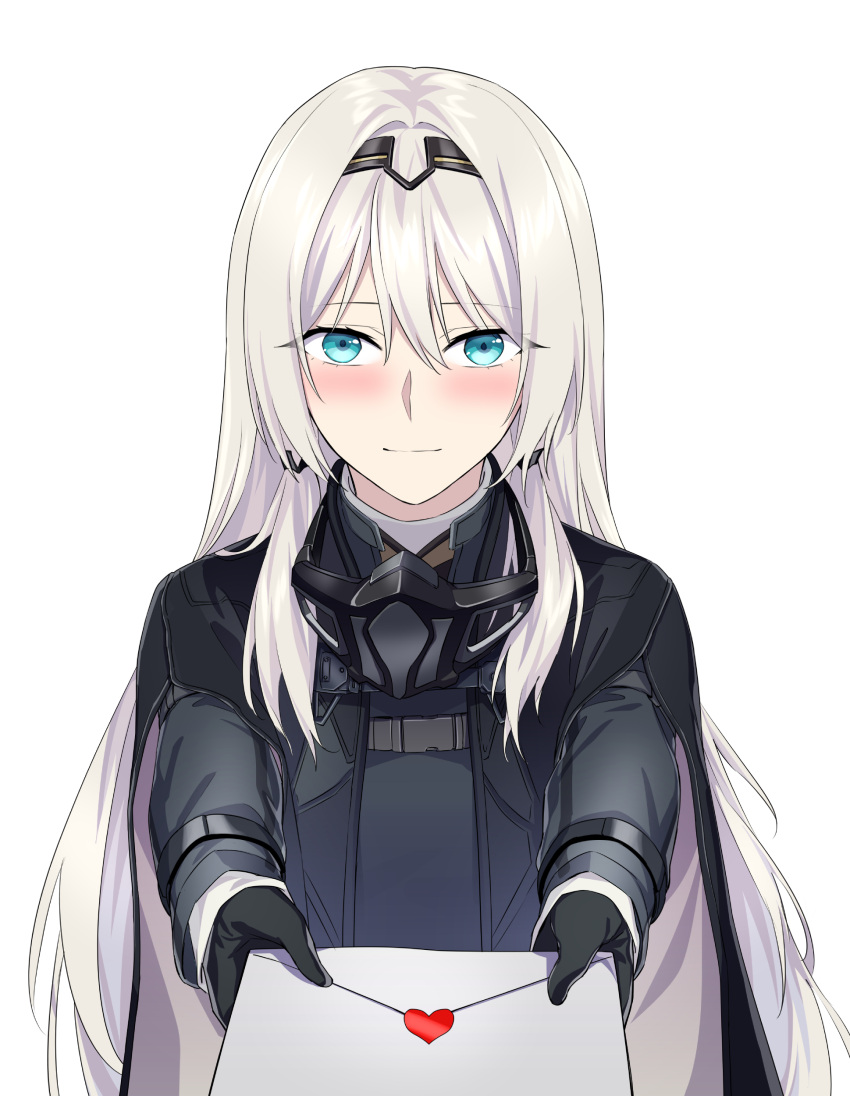 1girl absurdres an-94_(girls'_frontline) bangs black_gloves black_jacket blue_eyes blush girls_frontline gloves hair_between_eyes highres holding holding_letter jacket letter long_hair long_sleeves looking_at_viewer love_letter pov simple_background smile suprii upper_body white_background white_hair