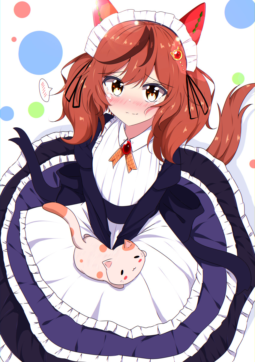 1girl absurdres alternate_costume animal_ears apron between_legs blush brown_eyes cat closed_mouth embarrassed enmaided hair_ornament hand_between_legs highres horse_ears horse_girl looking_at_viewer maid maid_headdress medium_hair nice_nature_(umamusume) open_mouth polka_dot polka_dot_background redhead simple_background solo twintails umamusume utsubo_(u-tubo)