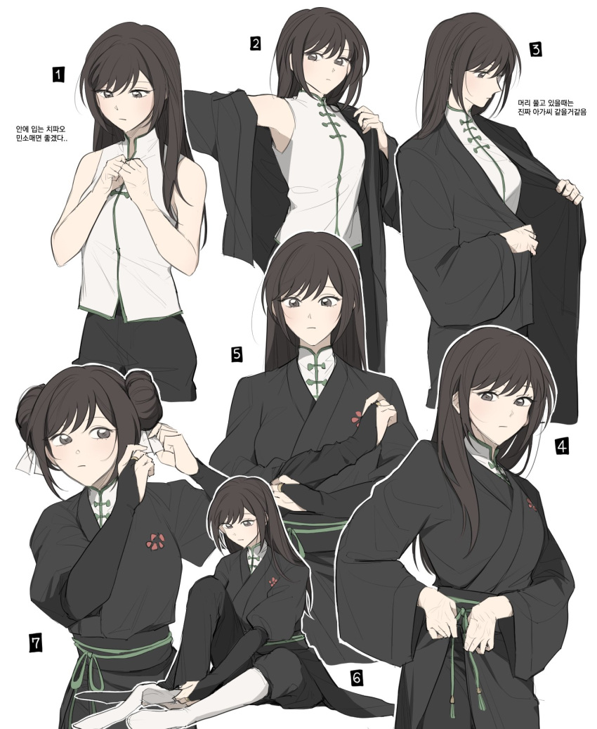 1girl black_pants blush brown_hair character_request closed_mouth double_bun dressing expressionless fingerless_gloves gloves hair_bun hairdressing highres hssdcc long_hair long_sleeves pants return_of_the_mount_hua_sect sash shirt thigh-highs uniform upper_body white_shirt