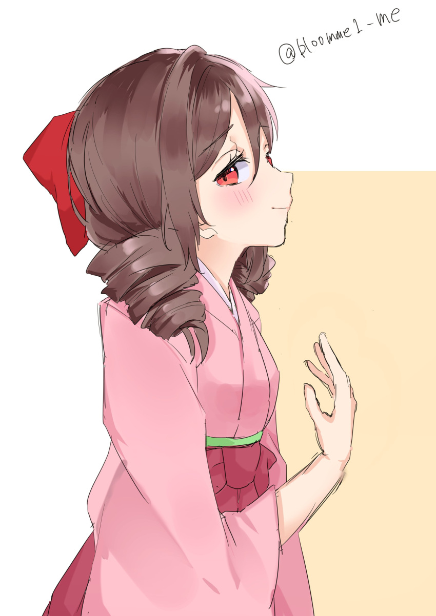 1girl absurdres blush bow brown_hair drill_hair hair_bow harukaze_(kancolle) highres japanese_clothes kantai_collection kimono kozu_(bloomme1_me) meiji_schoolgirl_uniform one-hour_drawing_challenge pink_kimono red_bow red_eyes sideways_glance smile solo twin_drills twitter_username upper_body wide_sleeves