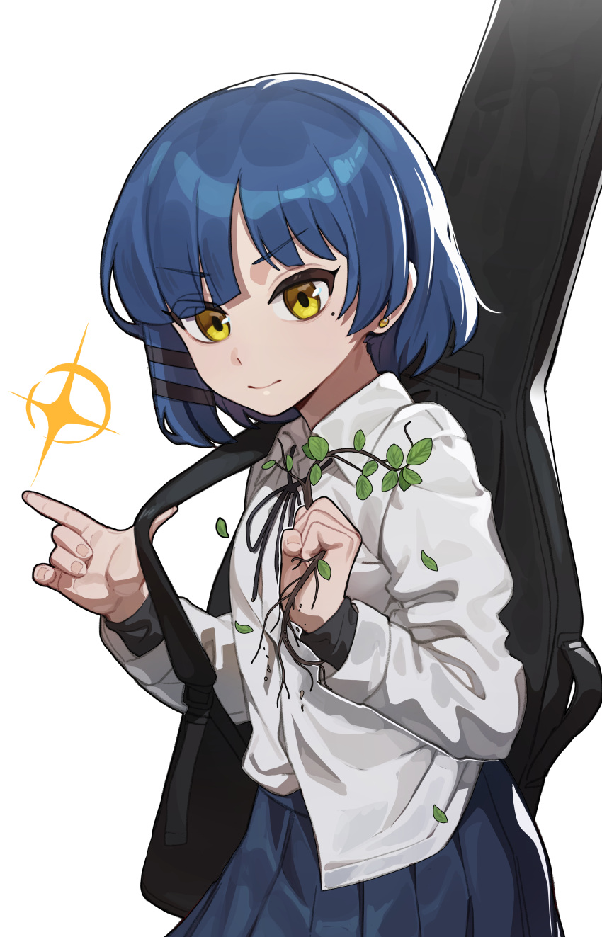 absurdres bangs black_ribbon black_skirt blue_hair bocchi_the_rock! collared_shirt cowboy_shot earrings grey_background guitar_case hair_ornament hair_ribbon hands_up highres holding holding_leaf instrument_case jewelry leaf long_sleeves looking_at_viewer mole mole_under_eye pleated_skirt ribbon shiny shiny_clothes shiny_hair shirt shirt_partially_tucked_in short_hair simple_background skirt smile stoll_(tmxhf) yamada_ryou