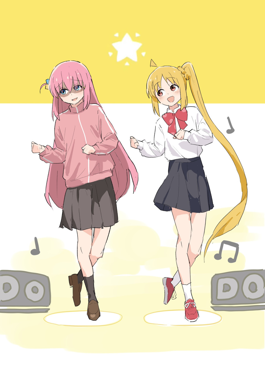 2girls ahoge bangs black_footwear black_skirt black_socks blonde_hair bocchi_the_rock! bow bowtie cube_hair_ornament dancing full_body gotou_hitori hair_between_eyes hair_ornament hands_up highres ijichi_nijika jacket long_hair long_sleeves looking_to_the_side multiple_girls musical_note nani_ga_warui one_side_up ookiiayu open_mouth pink_hair pink_jacket pink_track_suit pleated_skirt red_bow red_bowtie red_eyes shaded_face shirt shoes side_ponytail sidelocks simple_background skirt smile sneakers socks speaker standing standing_on_one_leg star_(symbol) two-tone_background white_background white_shirt white_socks yellow_background