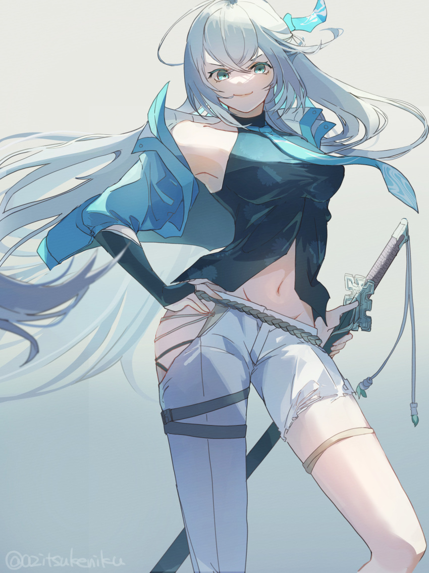 1girl asymmetrical_legwear eiyuu_densetsu elbow_gloves gloves grey_background highres holding holding_sword holding_weapon jacket katana kuro_no_kiseki kuro_no_kiseki_ii long_hair looking_at_viewer navel rope_belt shizuna_rem_misurugi simple_background smile solo sword tassel user_cawz7344 weapon white_hair